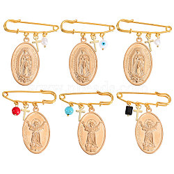 6Pcs 6 Style Religion Virgin Mary Alloy Charm Brooches, Iron Kilt Pins, Golden, 60mm, 1pc/style(JEWB-AB00021)