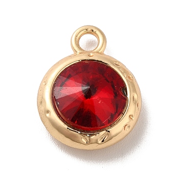 Glass Pendants, Rack Plating Golden Alloy Findings, Nickel Free, Flat Round Charms, Red, 15x11.5x6mm, Hole: 2mm
