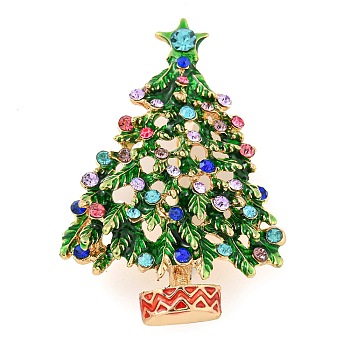 Christmas Tree Theme Zinc Alloy with Rhinestone Brooches, Enamel Pins, Golden, 55x38x10mm