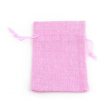 Polyester Imitation Burlap Packing Pouches Drawstring Bags, for Christmas, Wedding Party and DIY Craft Packing, Pearl Pink, 14x10cm