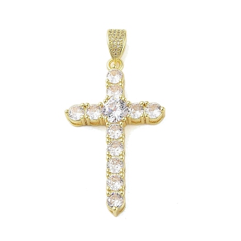 Real 18K Gold Plated Brass Micro Pave Cubic Zirconia Pendants, with Glass, Cross, Clear, 52x31x7mm, Hole: 4.2x7.3mm