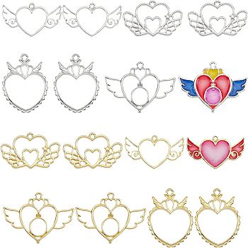 16Pcs 4 Style Alloy Open Back Bezel Big Pendants, For DIY UV Resin, Epoxy Resin, Pressed Flower Jewelry, Long-Lasting Plated, Heart with Wing, Golden & Silver, 21.5~38x32~49x2~4mm, hole: 1.8~2.6mm, 4pcs/style, 2 colors