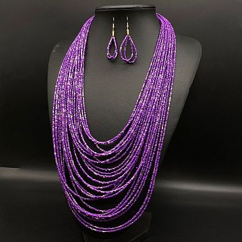 Ethnic Style Acrylic Seed Beaded Multilayer Necklaces & Teardrop Dangle Earrings Sets, Dark Orchid, 550mm