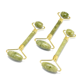 Natural Chinese Jade Massage Tools, Facial Rollers, with Brass Findings, for Face, Eyes, Neck, Body Muscle Relaxing, Golden, 137x39~59mm