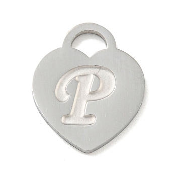 304 Stainless Steel Pendants, Laser Cut, Heart with Letter Charm, Stainless Steel Color, Letter P, 15x12x1mm, Hole: 3x3.5mm
