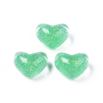 Translucent Acrylic Cabochons, with Glitter Powder, Heart, Medium Sea Green, 14x18x12mm