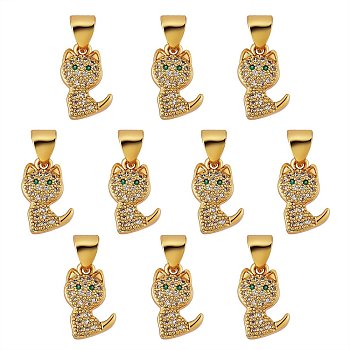 10Pcs Brass Micro Pave Clear Cubic Zirconia Pendants, Long-Lasting Plated, Cat, Real 18K Gold Plated, 18x8.5x2mm