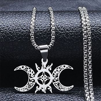 304 Stainless Steel Pendant Necklaces, Hollow Triple Moon Goddess, Stainless Steel Color, 23.46 inch(59.6cm)