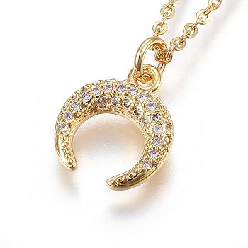 304 Stainless Steel Pendant Necklaces, with Cubic Zirconia, Double Horn/Crescent Moon, Clear, Golden, 17.71 inch(45cm)