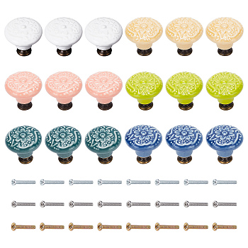 18Pcs 6 Color Round Embosssed Porcelain Drawer Handles, Cabinet Door Knobs, with 18Pcs Screws, Mixed Color, Knob: 34x30~32mm
