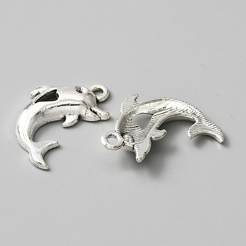 Tibetan Style Alloy Pendants, Dolphin with Heart Charms, Antique Silver, 25x17.5x4mm, Hole: 1.9mm