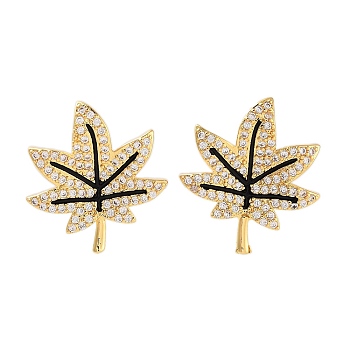 Rack Plating Leaf Brass Stud Earrings, with Clear Cubic Zirconia, Cadmium Free & Lead Free, Long-Lasting Plated, Real 18K Gold Plated, 18.5x17mm