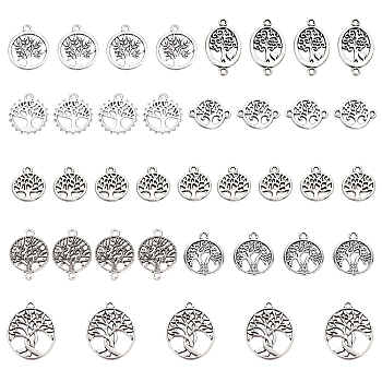 SUNNYCLUE 90Pcs 9 Style Tibetan Style Alloy Pendants, Tree & Flat Round & Oval with Tree of Life, Antique Silver, 10pcs/style