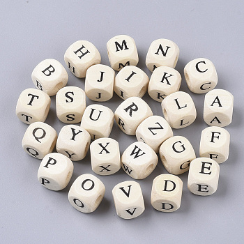 Printed Natural Wood Beads, Horizontal Hole, Cube with Initial Letter, PapayaWhip, Random Mixed Letters, 10x10x10mm, Hole: 3.5mm, about 1000pcs/500g
