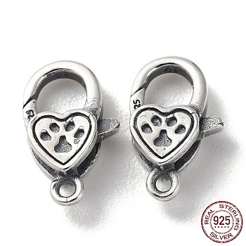 925 Thailand Sterling Silver Lobster Claw Clasps, Heart with Paw Print, with 925 Stamp, Antique Silver, 12.5x7.5x3.5mm, Hole: 1.2mm