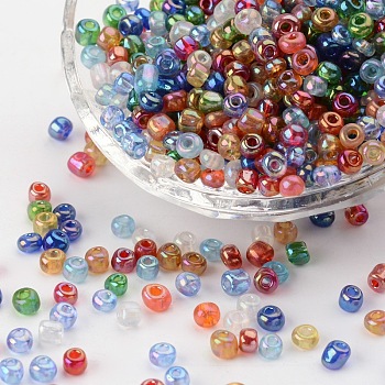 Round Glass Seed Beads, Transparent Colours Rainbow, Round, Mixed Color, 4mm