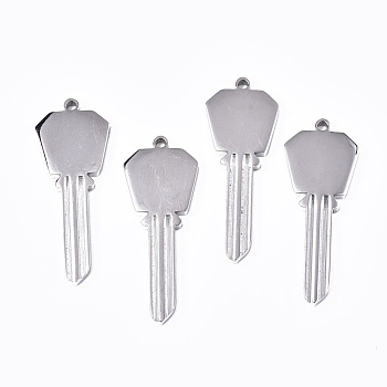 304 Stainless Steel Pendants, Stamping Blank Tag, Key, Stainless Steel Color, 32x12x2mm, Hole: 1.4mm