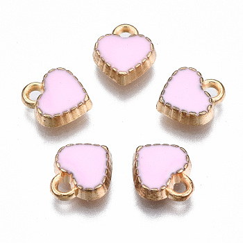 Alloy Enamel Charms, Cadmium Free & Lead Free, Heart, Light Gold, Pearl Pink, 8.5x7.5x2.5mm, Hole: 1.4mm