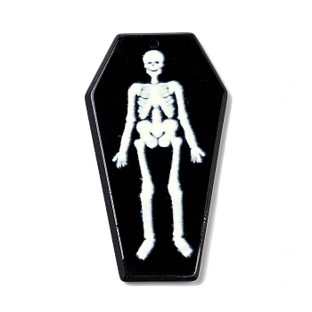 Printed Acrylic Pendants, for Halloween, Coffin with Skeleton Charm, Black, 45x24x3mm, Hole: 1.8mm