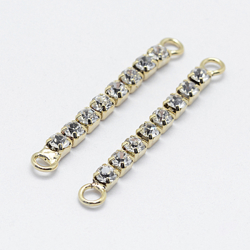 Brass Links connectors, with Grade A Rhinestone, Long-Lasting Plated, Real 18K Gold Plated, Nickel Free, 35x3x3mm, Hole: 2mm