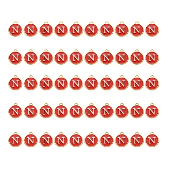 Golden Plated Alloy Charms, with Enamel, Enamelled Sequins, Flat Round, Red, Letter.N, 14x12x2mm, Hole: 1.5mm, 50pcs/Box