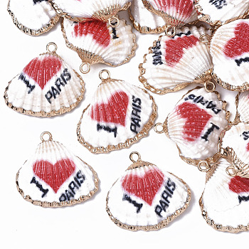 Electroplate Printed Natural Scallop Shell Pendants, Sea Shell Pendants, with Brass Loops, Word, 22~27x23~29x8~10mm, Hole: 1.8mm