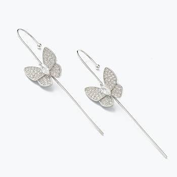 Brass Micro Pave Clear Cubic Zirconia Ear Wrap Crawler Hook Earrings, Butterfly, Platinum, 56x13.5mm, Pin: 1mm