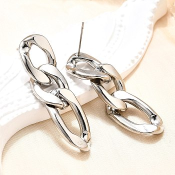 Non-Tarnish 304 Stainless Steel Stud Earrings, Curb Chains Drop Earrings, Stainless Steel Color, 40x11.5mm