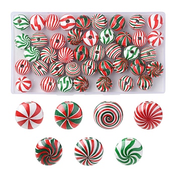 42Pcs 7 Colors Christmas Theme Printed Natural Wooden Beads, Round with Vortex Pattern, Mixed Color, 16x14.5mm, Hole: 3.5mm, 6pcs/color