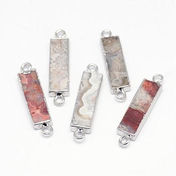 Natural Mexico Agate Links connectors, with Brass Findings, Rectangle, Platinum, 41x9x4mm, Hole: 3mm