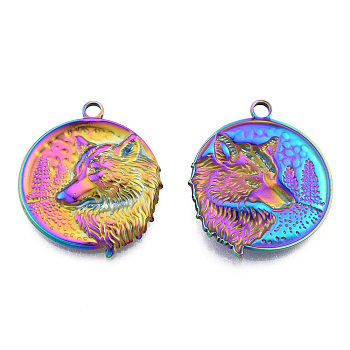Ion Plating(IP) 201 Stainless Steel Pendants, Flat Round with Wolf, Rainbow Color, 30x25.5x3mm, Hole: 2.5mm
