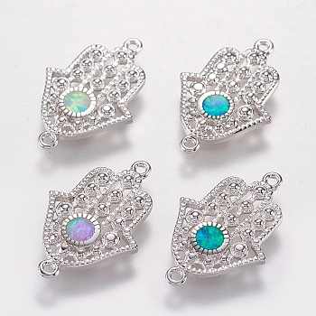 Brass Links connectors, with Synthetic Opal, Hamsa Hand/Hand of Fatima/Hand of Miriam, Platinum, Mixed Color, 20x13x2mm, Hole: 1mm