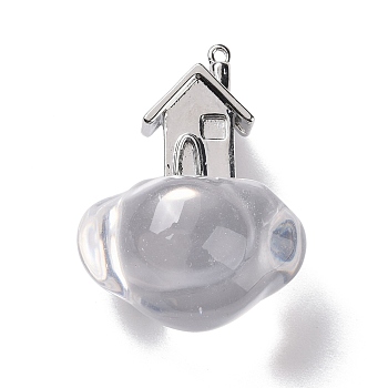 Acrylic Pendants, with Platinum Plated Alloy Findings, Cloud with House, Clear, 26x20x17.5mm, Hole: 0.9mm