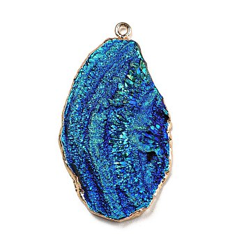 Opaque Resin Pendants, Textured Nuggets Charms with Golden Plated Iron Loops, Blue, 48x27x6mm, Hole: 1.8mm