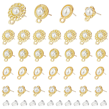 32Pcs 4 Style Alloy Flat Round Stud Earring Findings, with Plastic Pearl Beaded & 925 Sterling Silver Pins & Horizontal Loops, with 50Pcs Plastic Ear Nuts, Golden, 10.5~15.5x7.5~12.5x4~7mm, Hole: 1~2mm, Pin: 0.6mm, 8Pcs/style