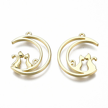 Rack Plating Alloy Pendants, Cadmium Free & Lead Free, Hollow, Moon with Cat, Light Gold, 26x21x2mm, Hole: 1.2mm