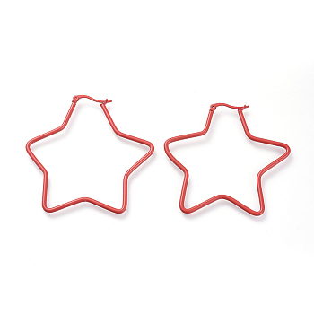Spray Painted 304 Stainless Steel Hoop Earrings, Star, Red, 60x57x2mm, 12 Gauge, pin: 0.8x1mm