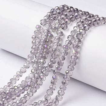 Electroplate Transparent Glass Beads Strands, Half Rainbow Plated, Faceted, Rondelle, Lilac, 3x2mm, Hole: 0.8mm, about 150~155pcs/strand, 15~16 inch(38~40cm)