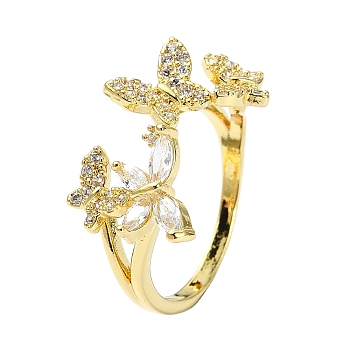 Rack Plating Real 18K Gold Plated Brass Rings, with Cubic Zirconia, Long-Lasting Plated, Lead Free & Cadmium Free, Butterfly, Clear, US Size 8 1/2(18.5mm)