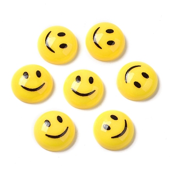 Opaque Resin Cabochons, Half Round with Smiling Face Print, Yellow, 14x5.5mm