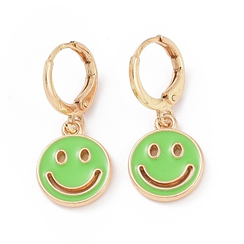 Hollow Out Smiling Face Enamel Hoop Earrings for Women, Double Side Light Gold Tone Alloy Dangle Earrings, Lawn Green, 25mm, Pin: 0.7mm