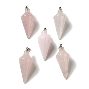 Natural Rose Quartz Pendants, Cone Charms with Rack Plating Platinum Plated Brass Snap on Bails, 36~36.5x15~15.5mm, Hole: 5~6.5x2mm