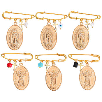 6Pcs 6 Style Religion Virgin Mary Alloy Charm Brooches, Iron Kilt Pins, Golden, 60mm, 1pc/style