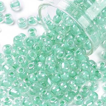 6/0 Glass Seed Beads, Transparent Inside Colours Luster, Round Hole, Round, Dark Turquoise, 6/0, 4~5x2.5~4.5mm, Hole: 1.2mm, about 500pcs/50g