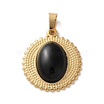 Natural Black Onyx(Dyed & Heated) Pendants, 304 Stainless Steel Flat Round Charms, Ion Plating(IP), Golden, 23x20x5~5.5mm, Hole: 4.5x3mm(STAS-C120-13G-05)