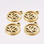 Tibetan Style Filigree Alloy Pendants, Flat Round with Lotus, Cadmium Free & Lead Free, Antique Golden, 24x20x1.5mm, Hole: 2.3mm(X-TIBEP-5354-AG-LF)