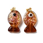 Handmade Dichroic Foil Lampwork Pendants, with Brass Findings, Fish Charm, Saddle Brown, 22.5~23.5x12.5~13x8.5~9.5mm, Hole: 4.5x4mm(X2-DICH-G001-01G-02)