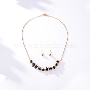 Natural Obsidian Chips Pendant Necklace & Round Ball Stud Earrings, Golden Stainless Steel Jewelry Set, no size(RE2952-3)