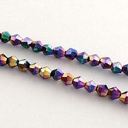 Electroplate Glass Bead Strands, Rainbow Plated, Faceted Bicone, Multi-color Plated, 3x3.5mm, Hole: 1mm, about 113~115pcs/strand, 36~36.5cm(EGLA-R094-3mm-02)