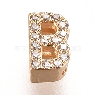 Golden Plated Brass Micro Pave Cubic Zirconia Slide Charms, Letter, Clear, Letter.B, 7~7.5x1.5~6.5x3mm, Hole: 6x1mm(ZIRC-L075-61B-G)